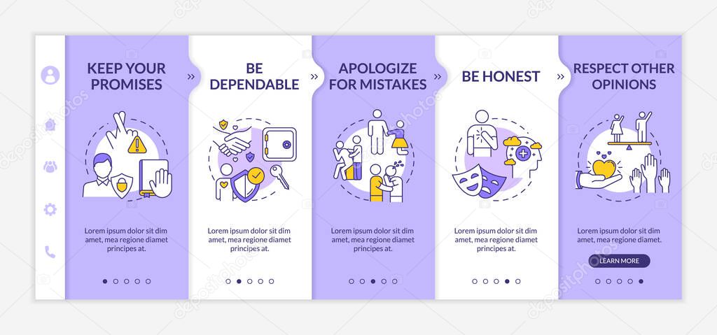 Being sincere to friend onboarding vector template. Keep promises, apologize for mistakes, be dependable. Responsive mobile website with icons. Webpage walkthrough step screens. RGB color concept