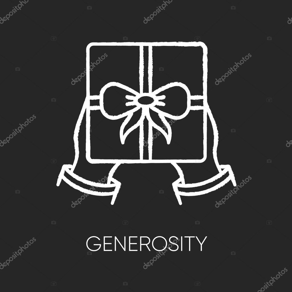 Generosity chalk white icon on black background. Virtue, selfless giving. Birthday, holiday event, special occasion celebration. Festive present isolated vector chalkboard illustration