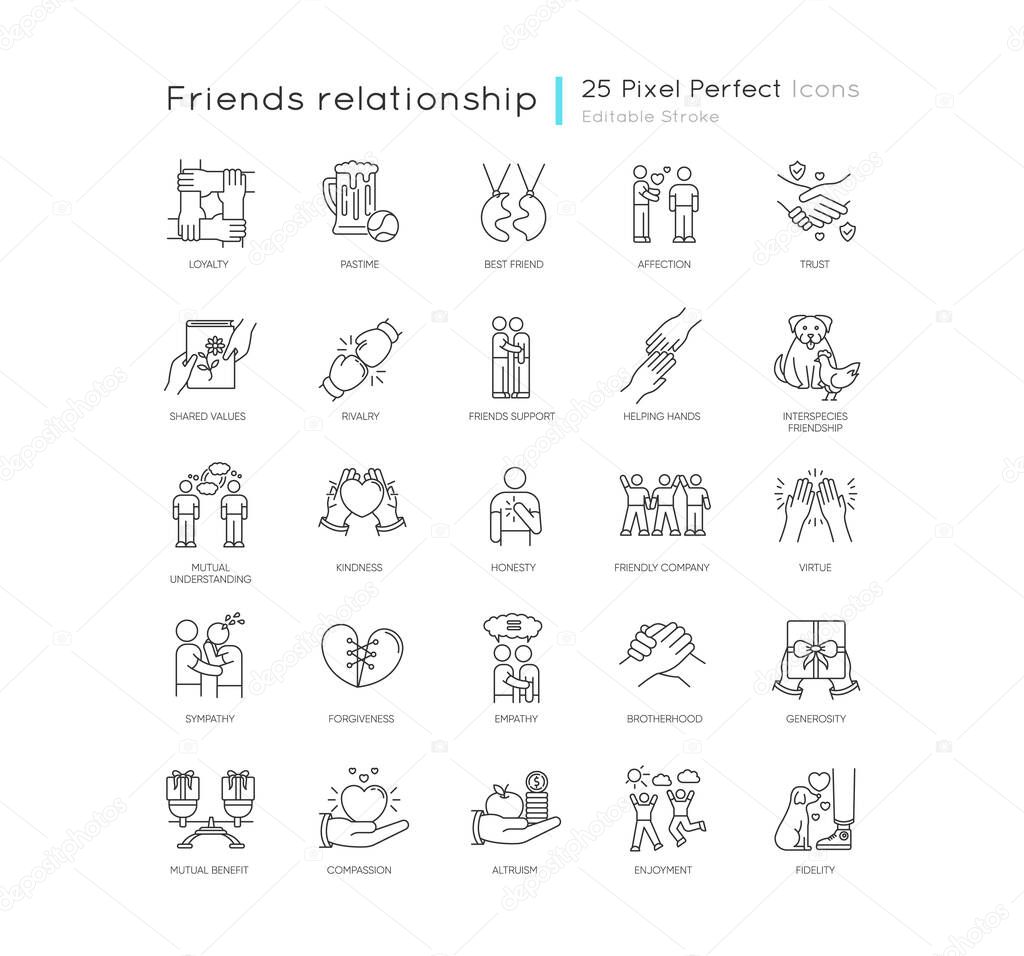 Friendly relationship pixel perfect linear icons set. Friendship, interpersonal emotional bond customizable thin line contour symbols. Isolated vector outline illustrations. Editable stroke