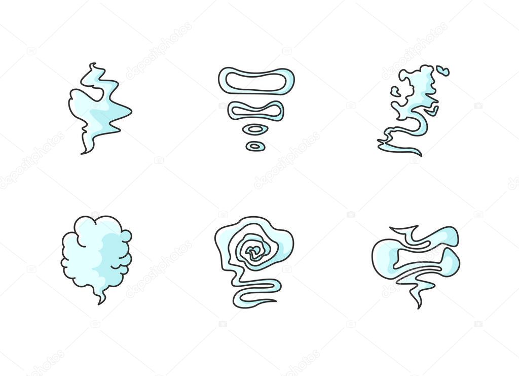 Odor RGB blue color icons set. Smell from hookah. Aroma from cannabis. Cigarette stream. Bad scent. Hot mist. Cloud of haze. Fog from gas. Incense and stench. Isolated vector illustrations