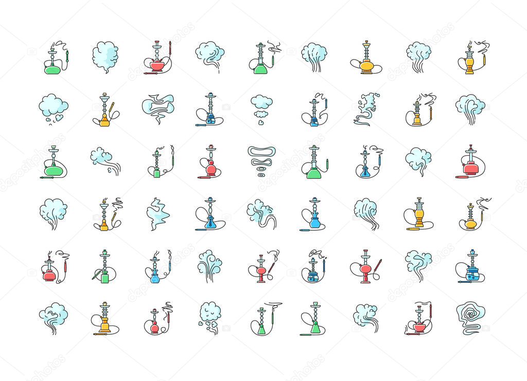 Hookah bar RGB color icons set. Sheesha house. Nargile lounge. Odor from pipe. Scent of vaporizing. Smoking area. Fragrance emblem. Accessories for shisha. Isolated vector illustrations