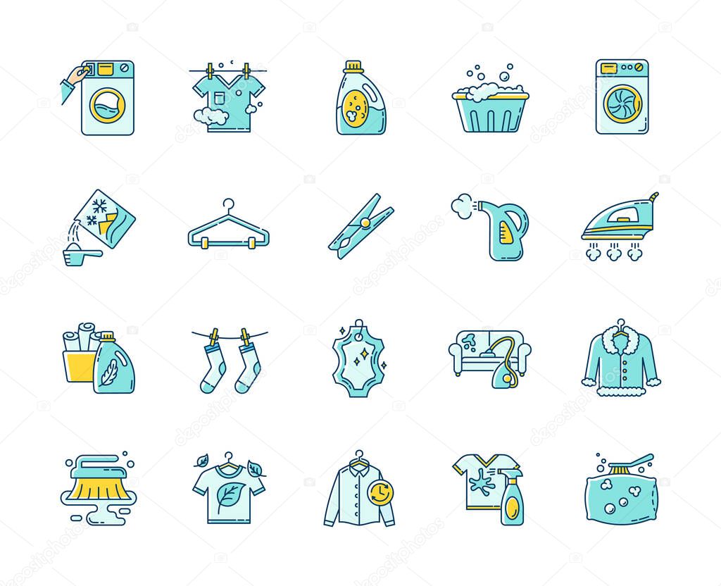 Laundry types and equipment blue and yellow RGB color icons set. Laundromat, wet and dry cleaning, express laundry. Washing and ironing household appliances. Isolated vector illustrations
