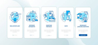 Kamu noterlik hizmetleri mobil uygulama sayfası ekranında kavramlarla birlikte. Denizcilik protestosu. Yeminlerin uygulanması. 5 aşamalı grafik talimatlar. Rgb renk resimleriyle Ui vektör şablonu