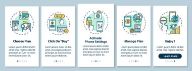 Gümrük tarifesi seçimi mobil uygulama sayfa ekranında konseptlerle birlikte. İnternet servis alımı ve etkinleştirme 5 aşamalı grafik talimatları. Rgb renk resimleriyle Ui vektör şablonu