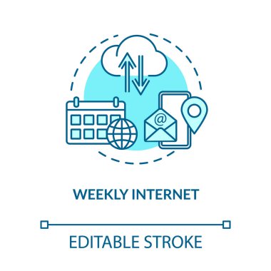 Haftalık internet turkuaz konsept ikonu. Kablosuz bağlantı. Ağ yayını. Mobil uygulama. Dolaşan fikir ince çizgi çizimi. Vektör izole edilmiş Rgb çizimi. Düzenlenebilir vuruş