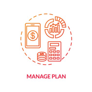 Kırmızı konsept simgesini yönet. İnternet tarifesi maliyeti. Ödemeyi internet üzerinden hesapla. Mobil bankacılık. Finans işleriyle ilgilen. Dolaşan fikir ince çizgi çizimi. Vektör izole edilmiş ana hatlı Rgb renk çizimi