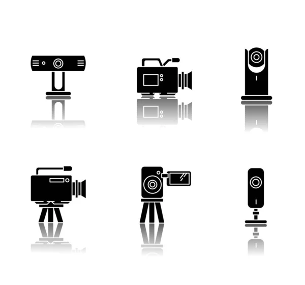 Webcams Vallen Schaduw Zwarte Glyph Pictogrammen Ingesteld Digitale Videocamera Online — Stockvector