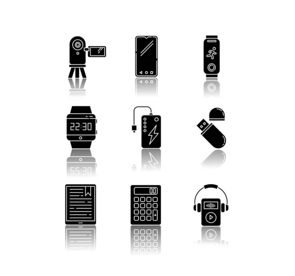 Appareils Mobiles Ombre Portée Icônes Glyphe Noir Ensemble Gadgets Électroniques — Image vectorielle