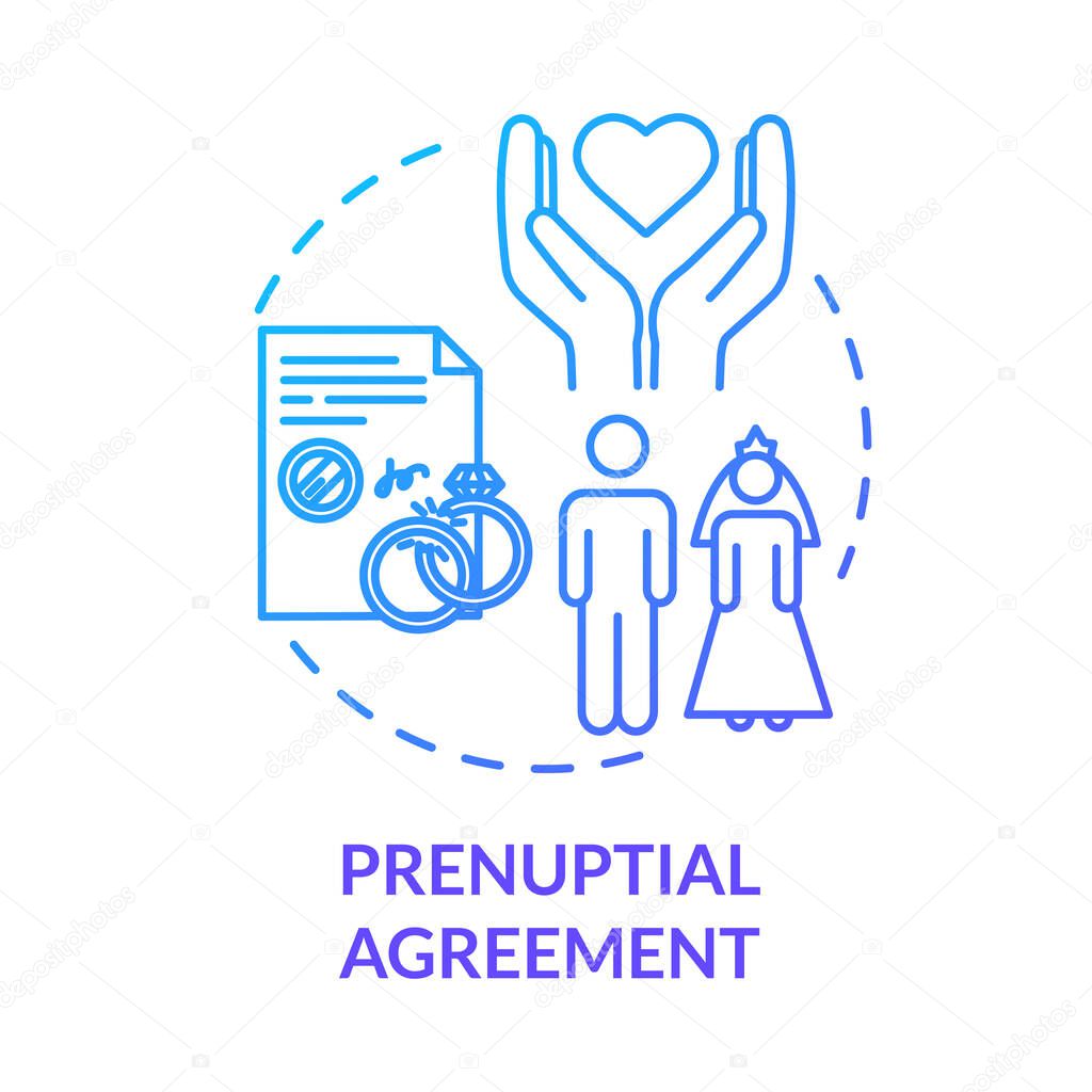 Prenuptial agreement blue concept icon. Aid with alimony. Partner commitment. Contract for married couple. Notary service idea thin line illustration. Vector isolated outline RGB color drawing