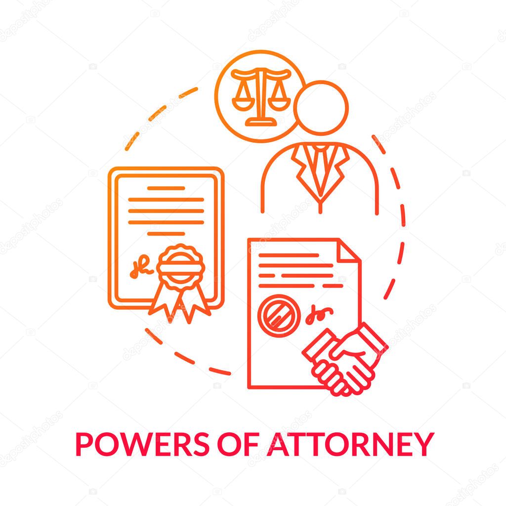 Powers of attorney red concept icon. Grantor and agent. Legal representative. Seal business deal with third party. Notary service idea thin line illustration. Vector isolated outline RGB color drawing