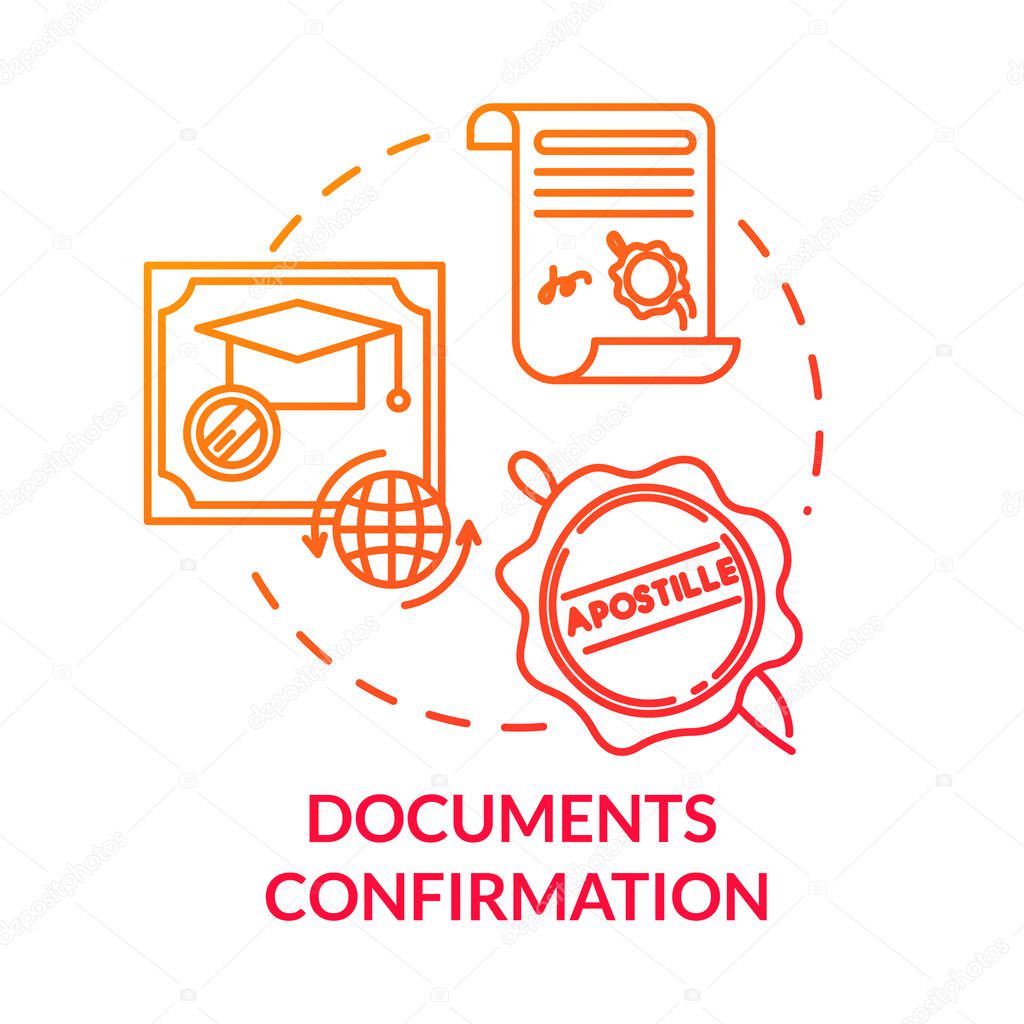 Document confirmation red concept icon. Diploma authenticity. Common law paperwork. Approved certificate. Notary service idea thin line illustration. Vector isolated outline RGB color drawing