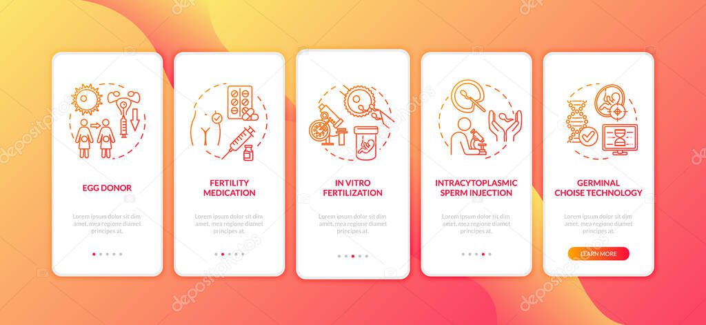 Fertilization onboarding mobile app page screen with concepts. Human reproduction. Egg donation walkthrough 5 steps graphic instructions. UI vector template with RGB color illustrations