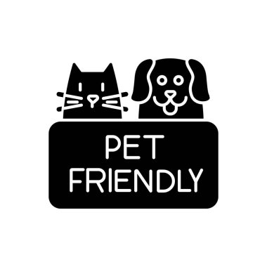 Kedi ve köpek dostu bölge siyah sembol. Yavru köpek ve kedi yavrusu için izin verildi. Evcil hayvanlara izin var, evcil hayvanlara izin var. Beyaz uzayda siluet sembolü. Vektör izole illüstrasyonu