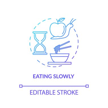 Yavaş yavaş konsept simgesi yiyorum. Dikkatli beslenme fikri ince çizgi çizimi. Eksiksiz ve özenli yemek tüketimi, yemeğin tadını çıkarmak. Vektör izole edilmiş ana hatlı Rgb renk çizimi