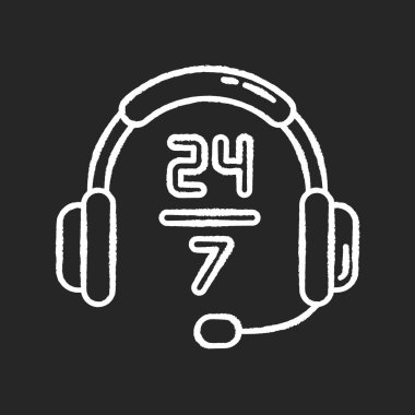 24 saat müşteri desteği siyah arkaplanda beyaz tebeşir ikonu. Saat servisi için kulaklık tabelası. 24 saat aranıyor. Yardım hattı 24 saat 7 saat. İzole edilmiş vektör karatahta çizimi