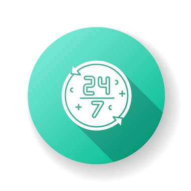 Nonstop service turquoise flat design long shadow glyph icon. 24 7 hours store. All week open shop. All day available ATM. Around the clock work. Watch dial. Silhouette RGB color illustration clipart