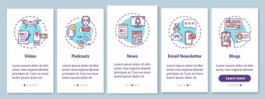 Konseptli mobil uygulama sayfası ekranında dijital içerik oluşturma. Bloglama ve podcasting 5 adım grafik talimatlar. Rgb renk resimleriyle Ui vektör şablonu