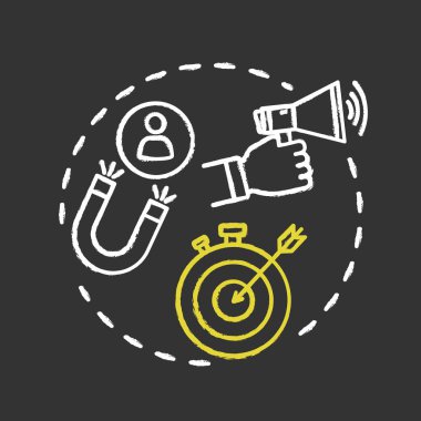 Çekim tebeşiri Rgb renk konsepti simgesi. Reklam stratejileri, müşteri tabanı geliştirme. Gelen, hedef ve viral pazarlama fikri. Siyah arkaplanda izole edilmiş karatahta çizimi