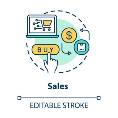 Satış konsepti ikonu. İnternet alışverişi, modern perakende işi, ve ticaret fikri ince çizgiler çizimi. İnternetten mal satın almak. Vektör izole edilmiş Rgb çizimi. Düzenlenebilir vuruş
