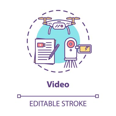 Video konsept simgesi. Dijital pazarlama, multimedya içerik oluşturma fikri ince çizgi çizimi. Televizyon reklamı, reklam kampanyası. Vektör izole edilmiş Rgb çizimi. Düzenlenebilir vuruş