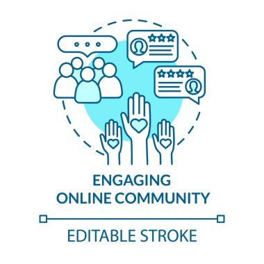 Çevrimiçi toplum konsepti simgesi çalıştırılıyor. Seyircilerle iletişim. Müşteri sadakati, marka güvenilirliği ince çizgi çizimi fikri. Vektör izole edilmiş Rgb çizimi. Düzenlenebilir vuruş