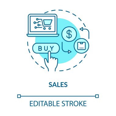 Satış konsepti ikonu. İnternet alışverişi, modern perakende işi, ve ticaret fikri ince çizgiler çizimi. İnternetten mal satın almak. Vektör izole edilmiş Rgb çizimi. Düzenlenebilir vuruş
