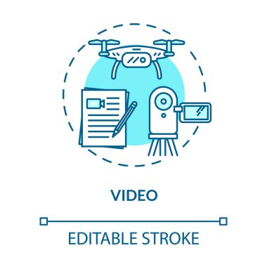 Video konsept simgesi. Dijital pazarlama, multimedya içerik oluşturma fikri ince çizgi çizimi. Televizyon reklamı, reklam kampanyası. Vektör izole edilmiş Rgb çizimi. Düzenlenebilir vuruş