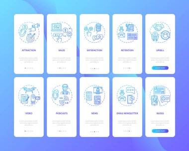 Satışlar ve çok satan teknikler mobil uygulama sayfası ekranında konseptlerle birlikte. Dijital içerik türleri 5 adımlık grafik talimatları gözden geçirir. Rgb renk resimleriyle Ui vektör şablonu