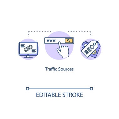 Trafik kaynakları konsept simgesi. Ziyaretçiler için strateji fikri ince çizgi çizimi. Seo iş geliştirme için ipuçları veriyor. Vektör izole edilmiş Rgb çizimi. Düzenlenebilir vuruş