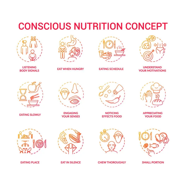 Conscious Nutrition Concept Icons Set Mindful Eating Careful Attentive Food — Stock Vector