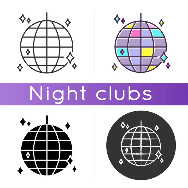 Disco ball icon. Linear black and RGB color styles. Night club recreation, nightclub entertainment. Dancing party, discotheque. Sparkling glass sphere, shiny discoball isolated vector illustrations