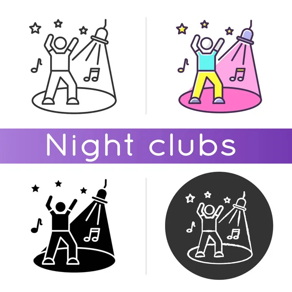 Discotheque icon. Linear black and RGB color styles. Night club recreation, active leisure, late night party. Nightclub entertainment. Young clubber on dance floor isolated vector illustrations