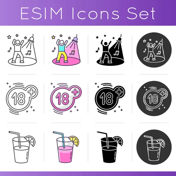 Night club entertainment icons set. Linear, black and RGB color styles. Adult recreation, late night party at nightclub. Discotheque, 18 psus sign and long drink isolated vector illustrations