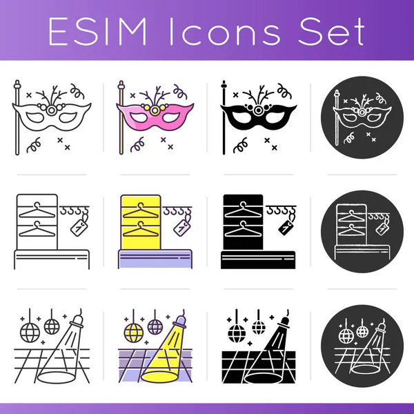 Nightclub theme party icons set. Linear, black and RGB color styles. Entertainment event, night club recreation. Masquerade mask, dance floor and wardrobe isolated vector illustrations