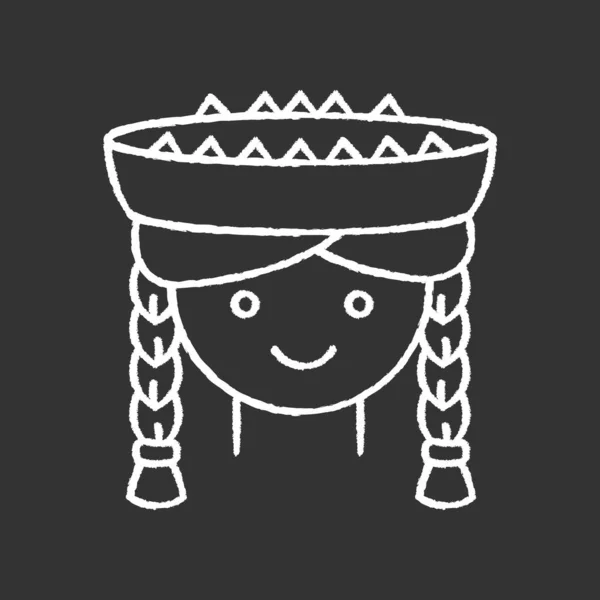 秘鲁女孩粉笔白色图标黑色背景 可爱的笑脸女人头戴传统帽子的辫子 拉丁美洲国家头饰 当地秘鲁儿童 孤立的矢量说明 — 图库矢量图片