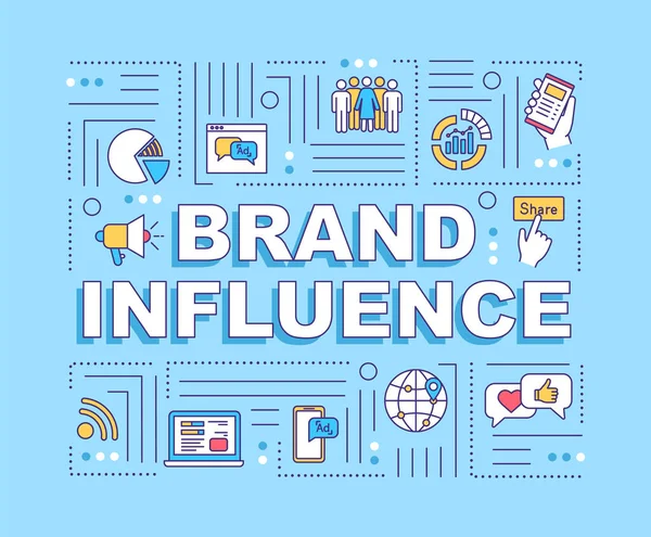 Brand influence word concepts banner. Company awareness and credibility. Infographics with linear icons on blue background. Isolated typography. Vector outline RGB color illustration
