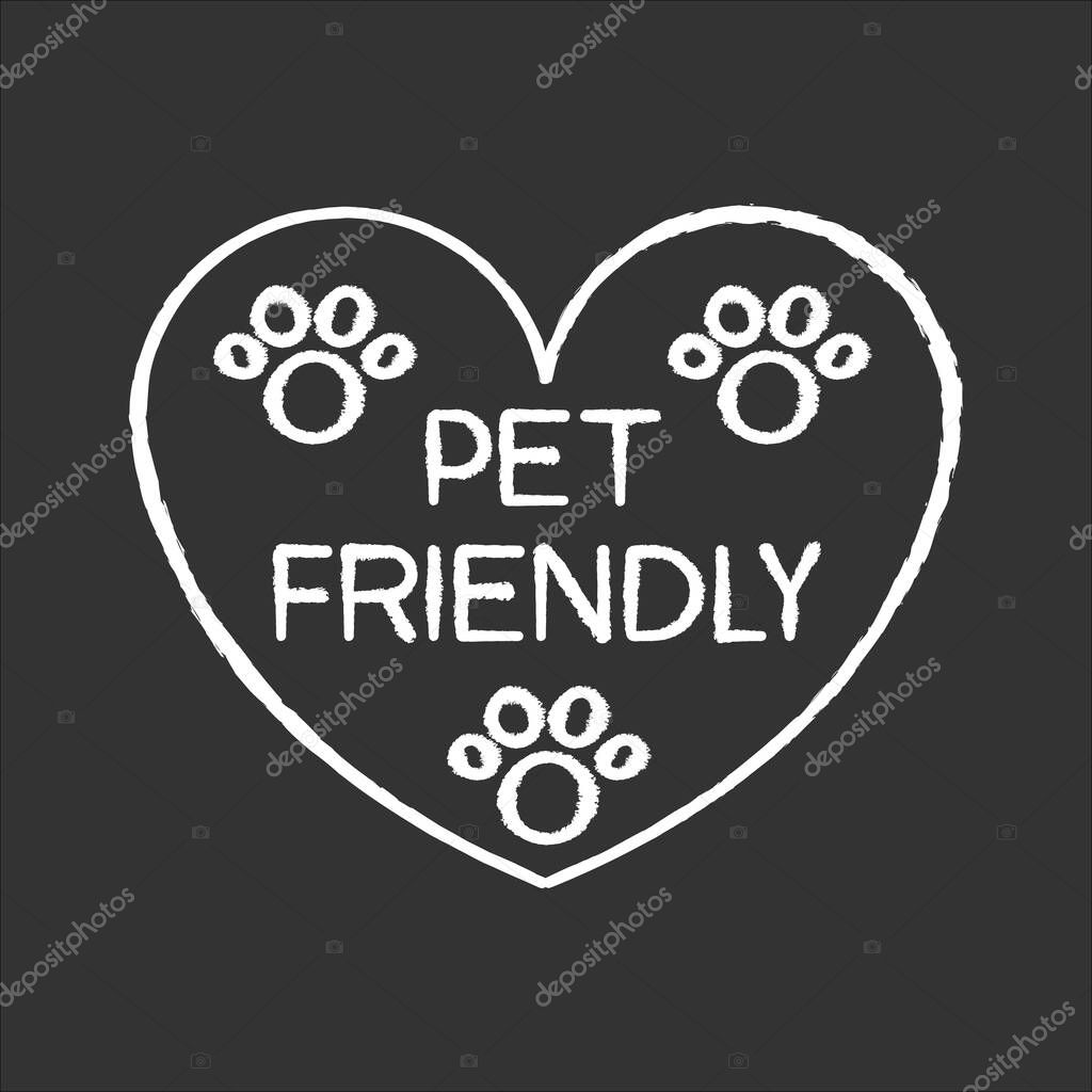 Pet friendly area sign chalk white icon on black background. Grooming salon heart shaped logo, animals welcome zone. Cats and dogs permitted territory. Isolated vector chalkboard illustration