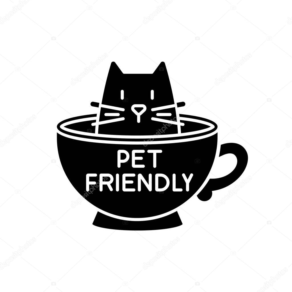 Cat friendly cafe black glyph icon. Kitten permitted food service establishment. Domestic animals allowed territory, pets welcome zone. Silhouette symbol on white space. Vector isolated illustration