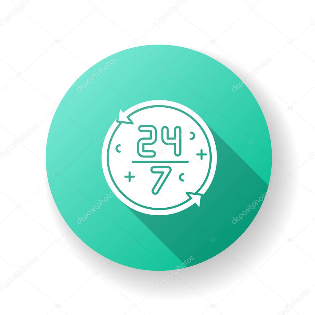 Nonstop service turquoise flat design long shadow glyph icon. 24 7 hours store. All week open shop. All day available ATM. Around the clock work. Watch dial. Silhouette RGB color illustration