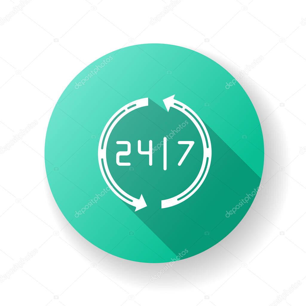 Open around the clock turquoise flat design long shadow glyph icon. 24 7 hour service. Everyday open store. Twenty four seven hours retail. Circular arrows. Silhouette RGB color illustration