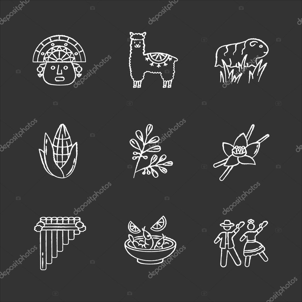 Peru chalk white icons set on black background. Hispanic history, traditions, culture. Incas, alpaca, guinea pig, corn, coca, vanilla, ceviche, marinera. Isolated vector chalkboard illustrations