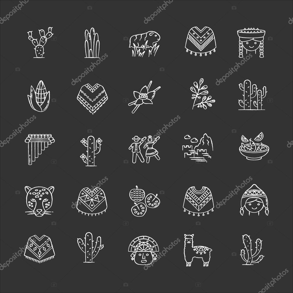 Peru chalk white icons set on black background. Andean country sights, traditions, cuisine, agriculture, animals. Corn, machu, picchu, cactus, vanilla, coca. Isolated vector chalkboard illustrations