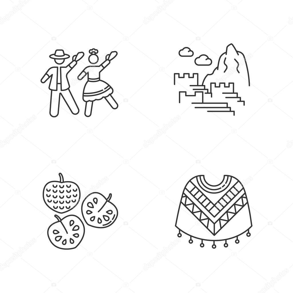 Peru pixel perfect linear icons set. Andean attractions. Marinera, Machu Picchu, cherimoya, poncho. Customizable thin line contour symbols. Isolated vector outline illustrations. Editable stroke