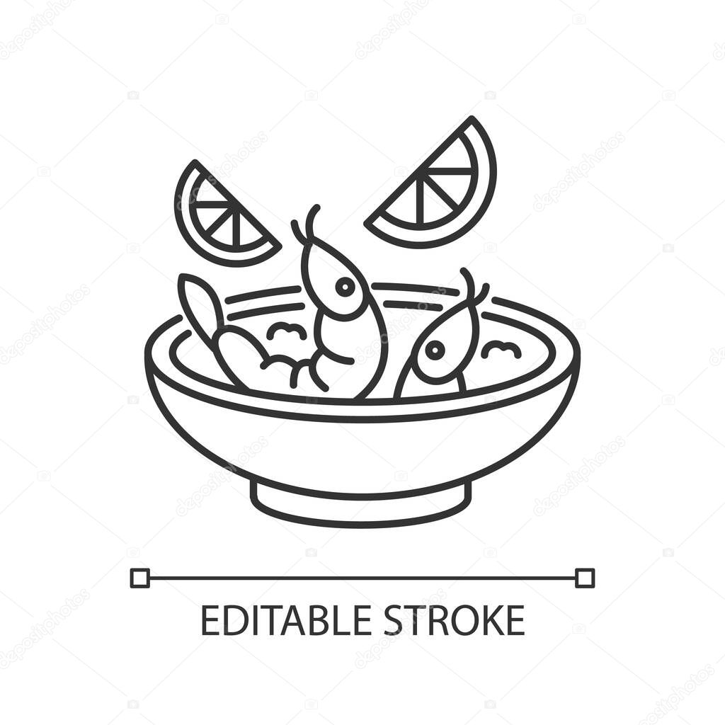 Ceviche pixel perfect linear icon. Peruvian national dish. Latin american cuisine main course. Thin line customizable illustration. Contour symbol. Vector isolated outline drawing. Editable stroke