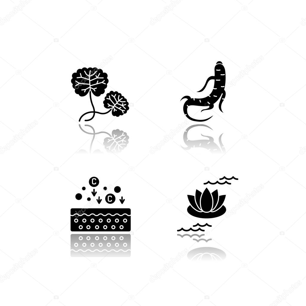 Cosmetic ingredient drop shadow black glyph icons set. Centella plant. Ginseng root. Collagen formula. Lotus flower. Nourishing and healing effect. Isolated vector illustrations on white space