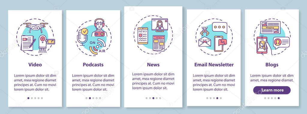 Digital content creation onboarding mobile app page screen with concepts. Blogging and podcasting walkthrough 5 steps graphic instructions. UI vector template with RGB color illustrations