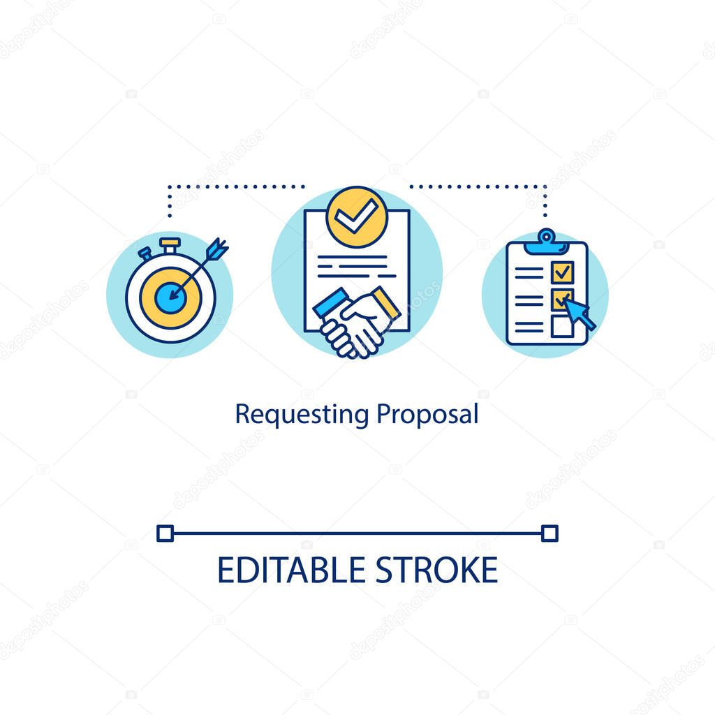 Requesting proposal concept icon. Asking potential suppliers offer idea thin line illustration. Business contracts and deals documentation. Vector isolated outline RGB color drawing. Editable stroke
