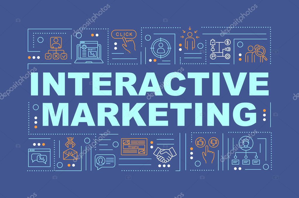 Interactive marketing and lead generation word concepts banner. Visitors attraction. Infographics with linear icons on turquoise background. Isolated typography. Vector outline RGB color illustration