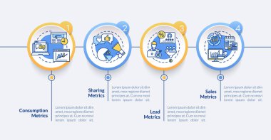 Smm strateji verimliliği analitik vektör bilgi şablonu. Kurşun metrik sunum tasarım elementleri. Veri görselleştirmesi 4 adımda. Zaman çizelgesi. Doğrusal simgelerle çalışma akışı düzeni
