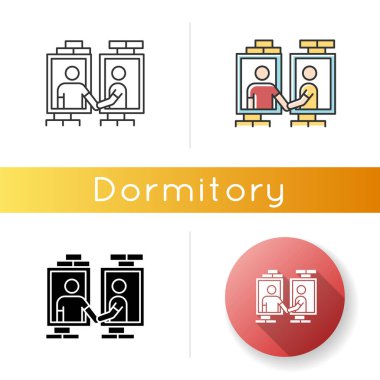 Pencere çerçevesi simgesindeki komşular. Yurt arkadaşı ilişkisi. Yurt arkadaşları birbirini selamlıyor. Lineer siyah ve Rgb renk tarzları. Doğrusal, siyah ve Rgb renk stilleri. İzole vektör illüstrasyonu